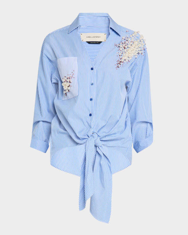 Tina Beaded Tie-Front Button-Down Shirt